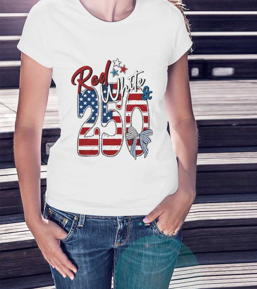 Red White And Blue 250 USA Stars And Stripes Bow T-Shirt