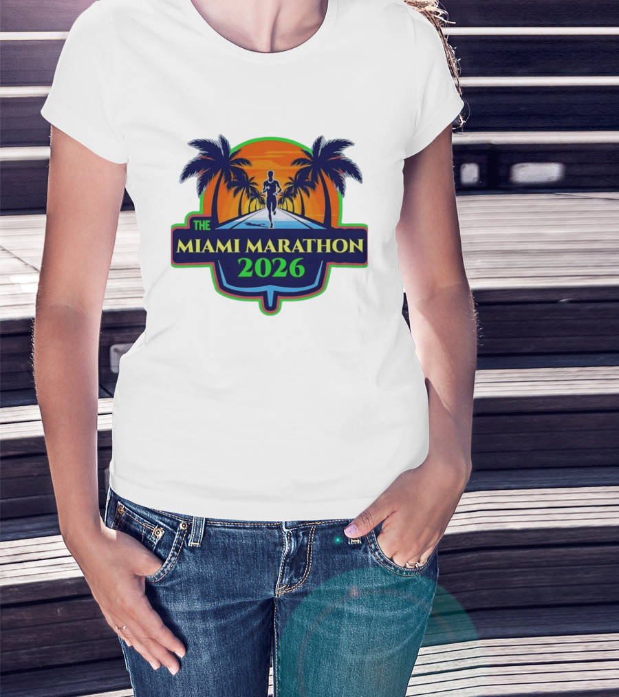 The Miami Marathon 2026 Palm Trees Sunset Runner T-Shirt