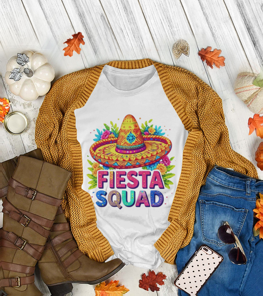 Fiesta Squad Colorful Sombrero and Flowers Cinco de Mayo Celebration T-Shirt