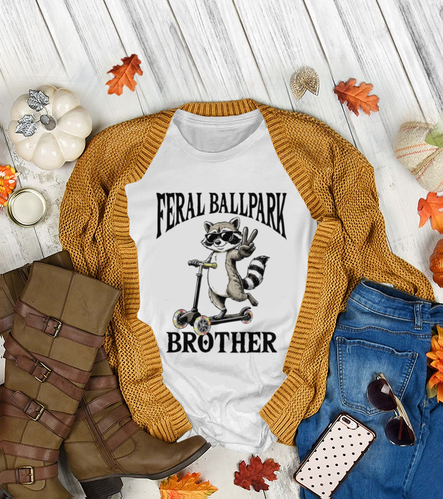 Feral Ballpark Brother Raccoon on Scooter with Peace Sign T-Shirt