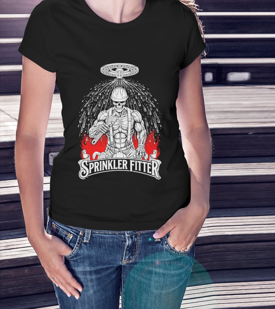 Skeleton Sprinkler Fitter With Fiery T-Shirt