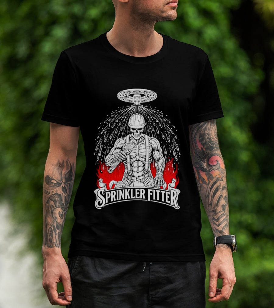 Skeleton Sprinkler Fitter With Fiery T-Shirt