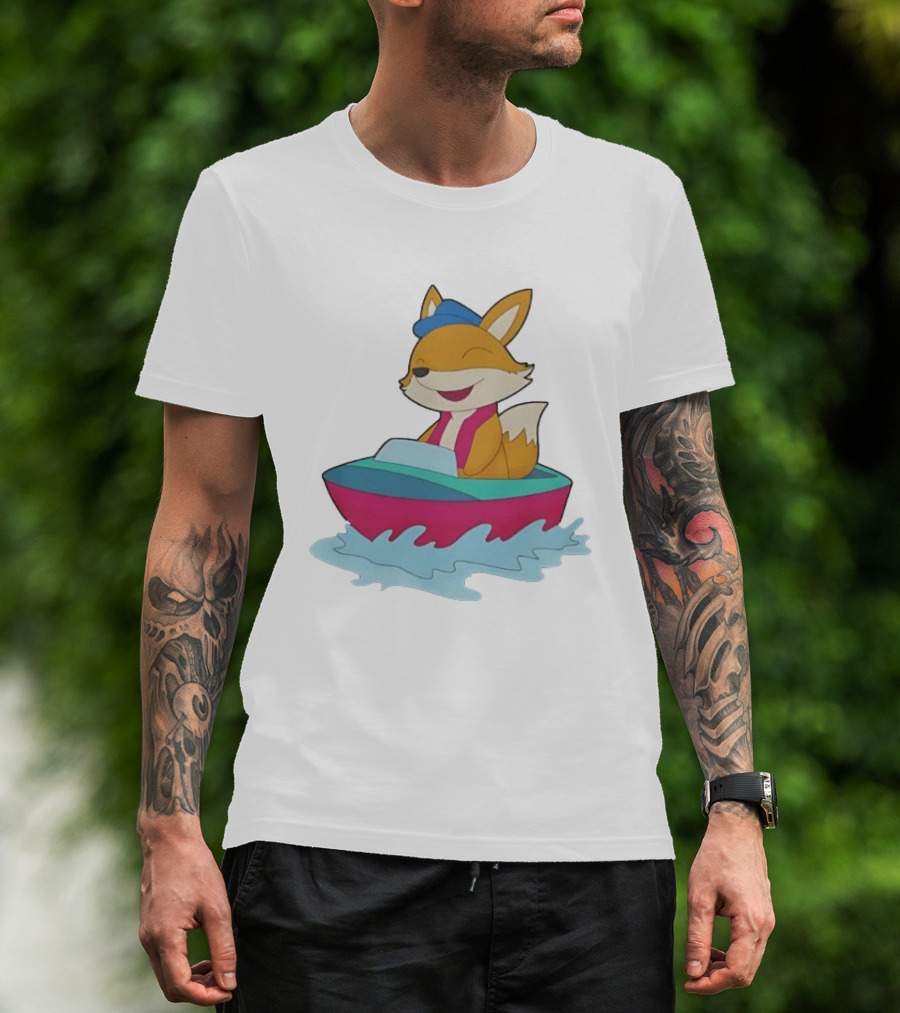 Cheerful Fox Sailing In Colorful Boat With Blue Hat And Pink Life Vest T-Shirt