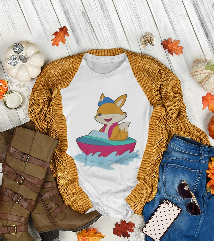 Cheerful Fox Sailing in Colorful Boat with Blue Hat and Pink Life Vest T-Shirt