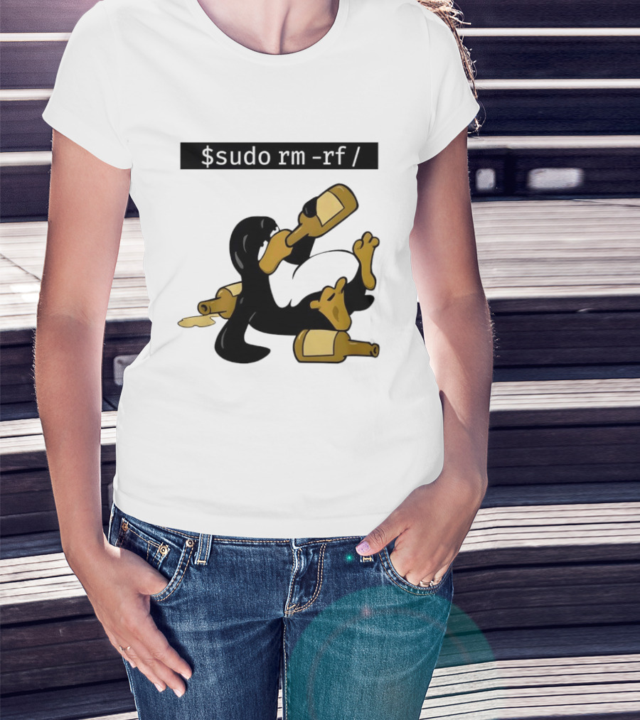 Penguin Linux Tux Drunk Sudo Rm Rf Command Bottles T-Shirt