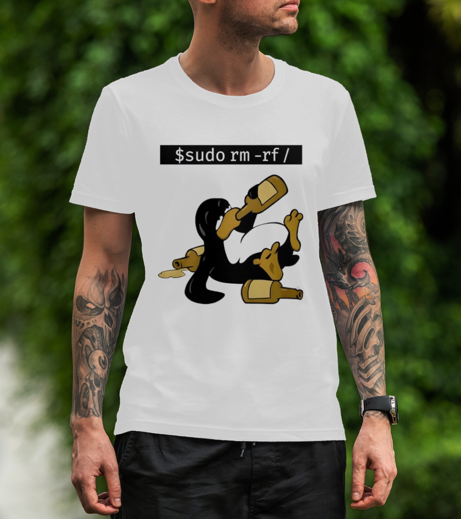 Penguin Linux Tux Drunk Sudo Rm Rf Command Bottles T-Shirt