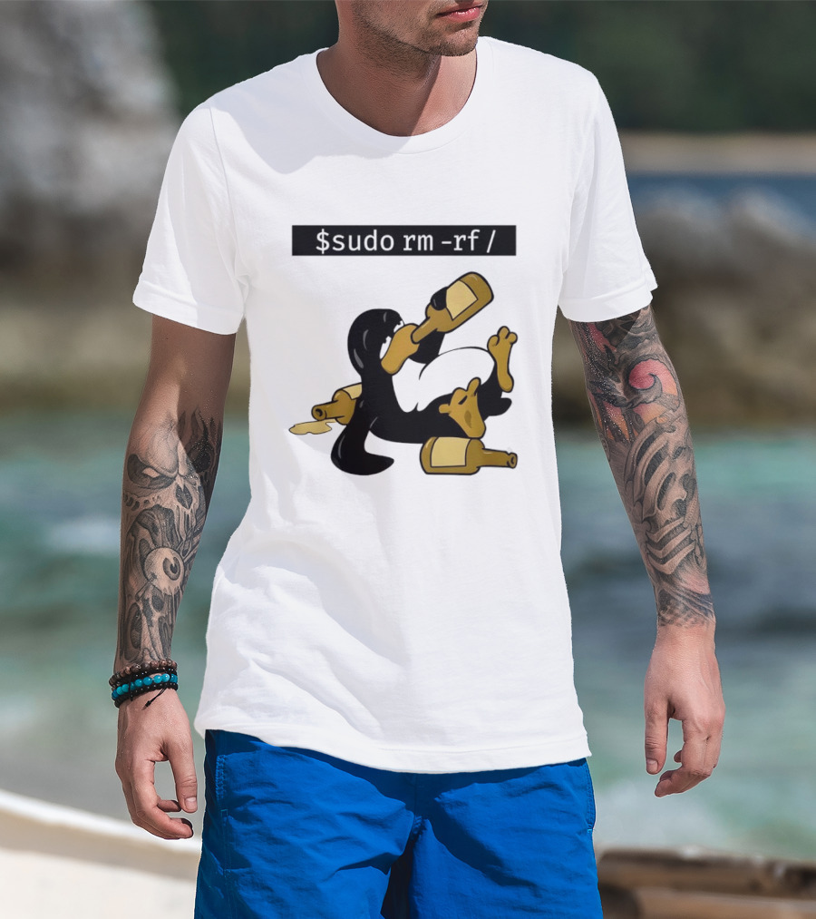 Penguin Linux Tux Drunk Sudo Rm Rf Command Bottles T-Shirt