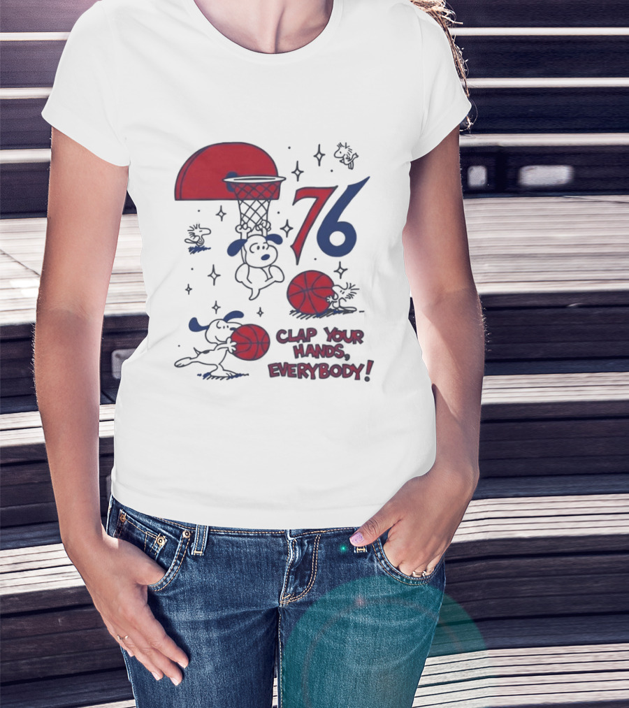 Snoopy Philadelphia 76ers Clap Your Hands Everybody Basketball Theme With Red And Blue T-Shirt