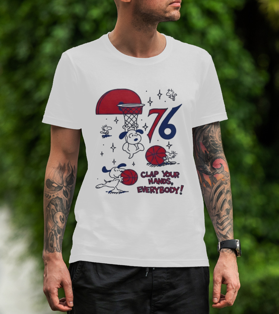 Snoopy Philadelphia 76ers Clap Your Hands Everybody Basketball Theme With Red And Blue T-Shirt