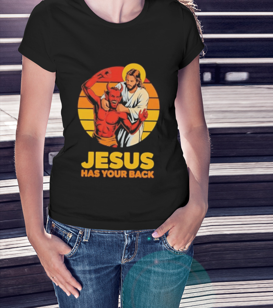 Jesus Has Your Back Vintage Illustration With Devil And Halo Symbolism T-Shirt