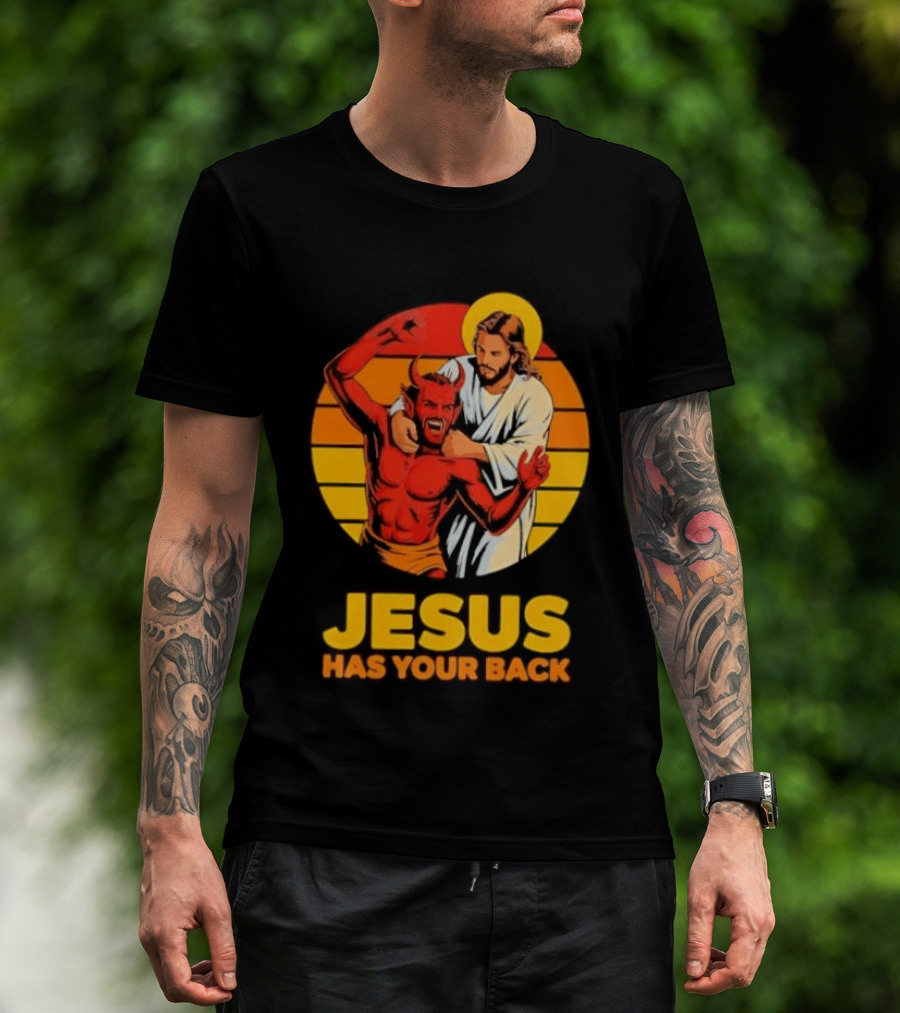 Jesus Has Your Back Vintage Illustration With Devil And Halo Symbolism T-Shirt