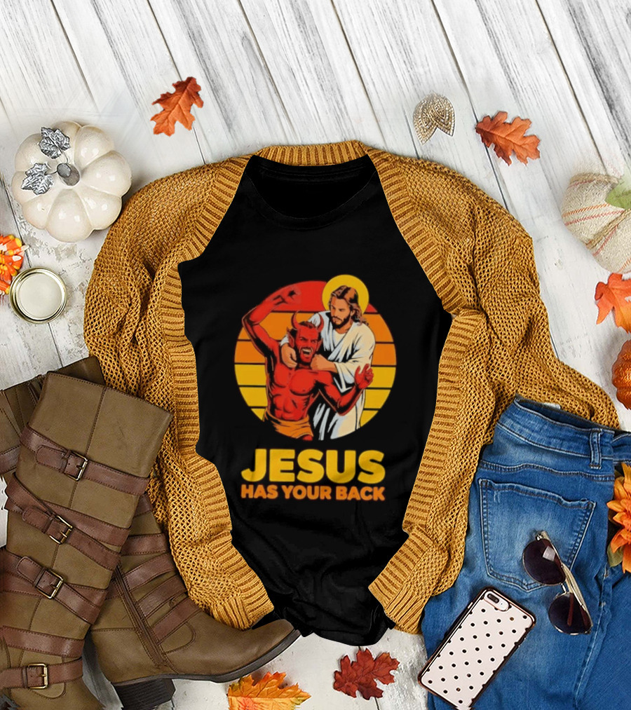 Jesus Has Your Back Vintage Illustration with Devil and Halo Symbolism T-Shirt