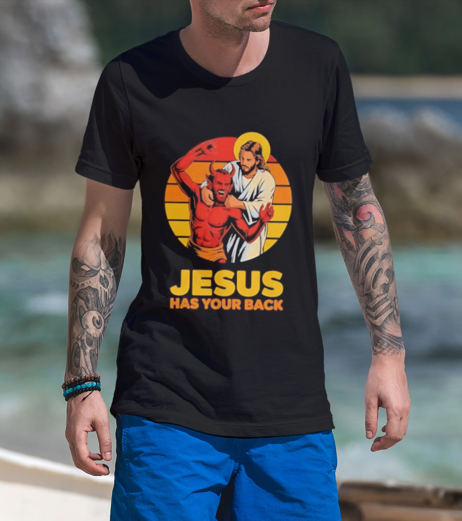Jesus Has Your Back Vintage Illustration With Devil And Halo Symbolism T-Shirt