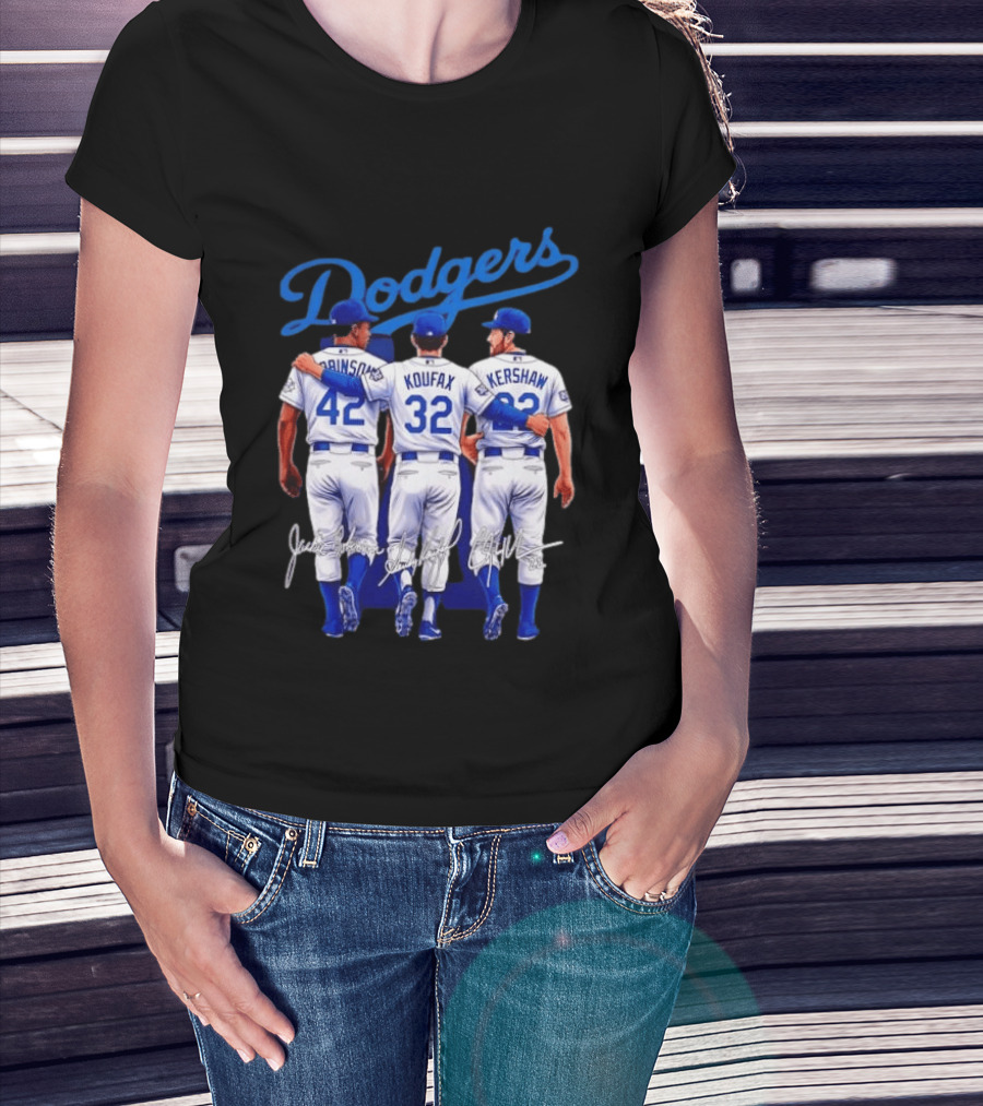 Los Angeles Dodgers Legendary Trio Jackie Robinson Sandy Koufax Clayton Kershaw Signatures T-Shirt