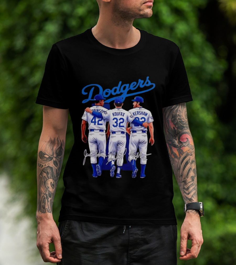 Los Angeles Dodgers Legendary Trio Jackie Robinson Sandy Koufax Clayton Kershaw Signatures T-Shirt