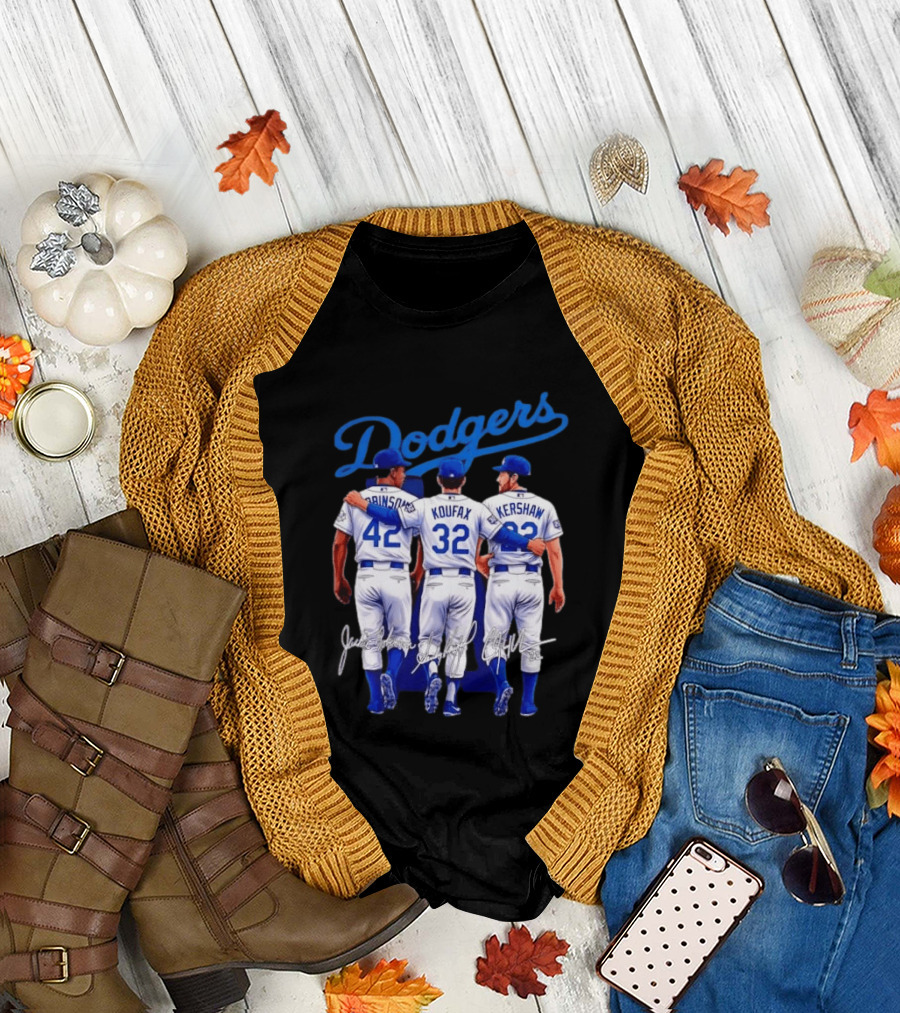Los Angeles Dodgers Legendary Trio Jackie Robinson Sandy Koufax Clayton Kershaw Signatures T-Shirt