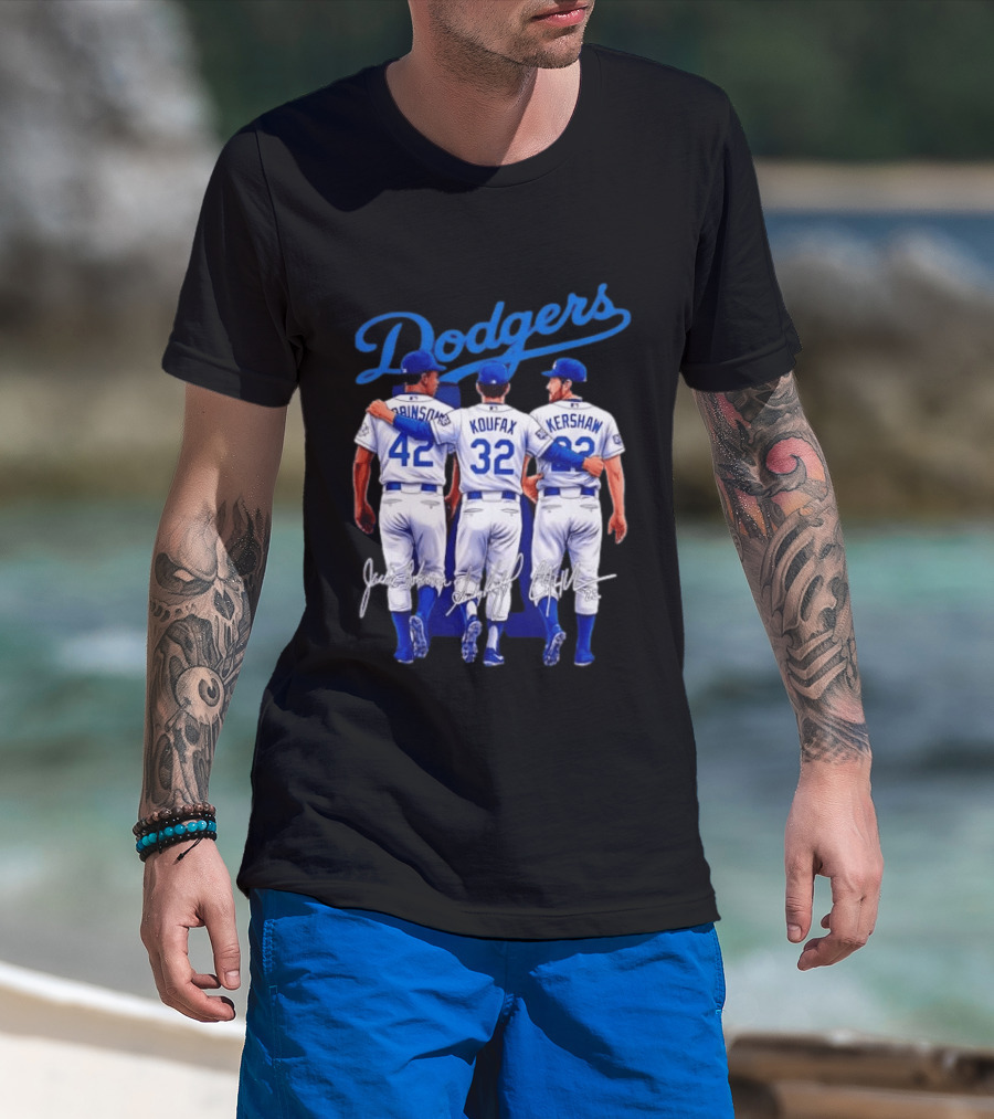 Los Angeles Dodgers Legendary Trio Jackie Robinson Sandy Koufax Clayton Kershaw Signatures T-Shirt