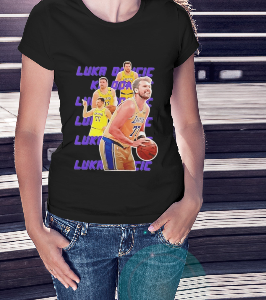 Luka Doncic Lakers 77 Action Shot Multiple Pose Purple Basketball Display T-Shirt