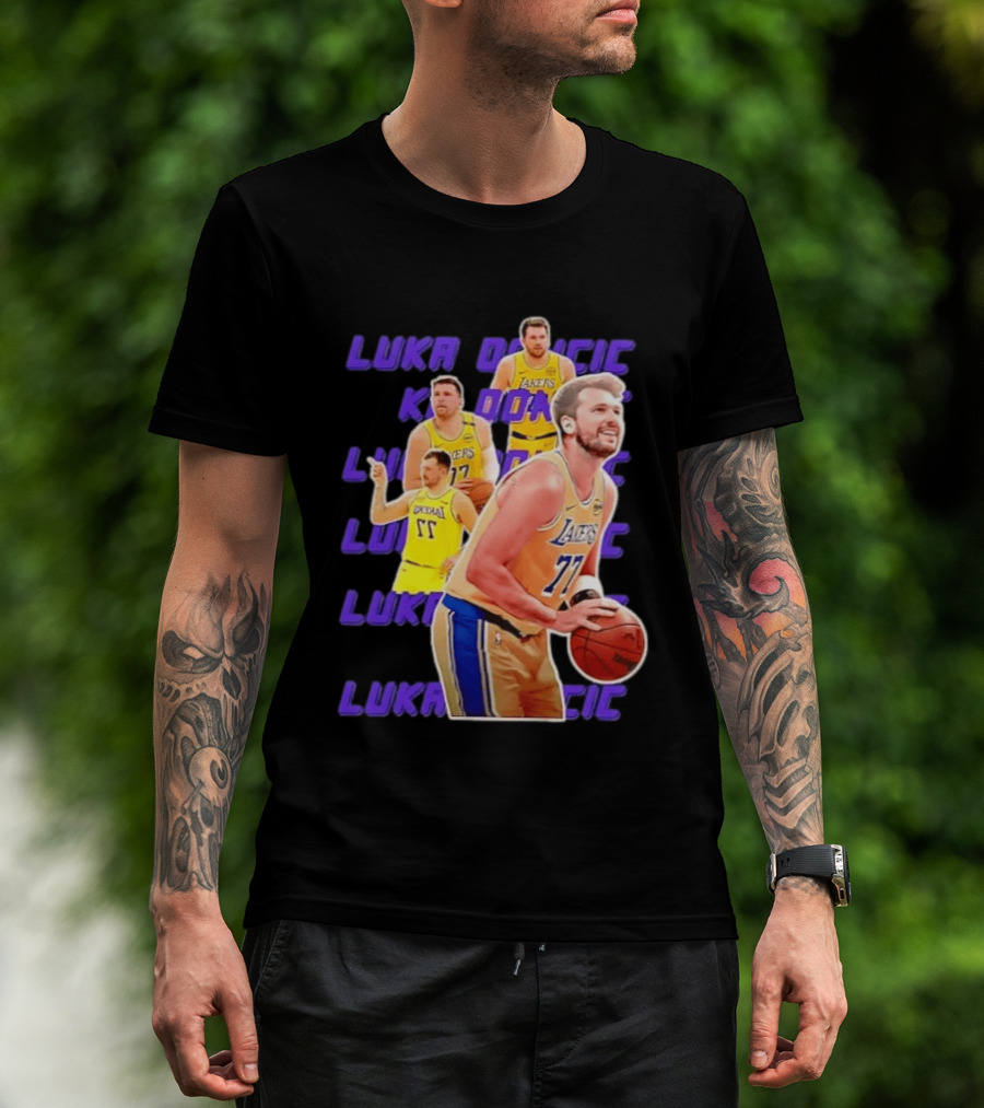 Luka Doncic Lakers 77 Action Shot Multiple Pose Purple Basketball Display T-Shirt
