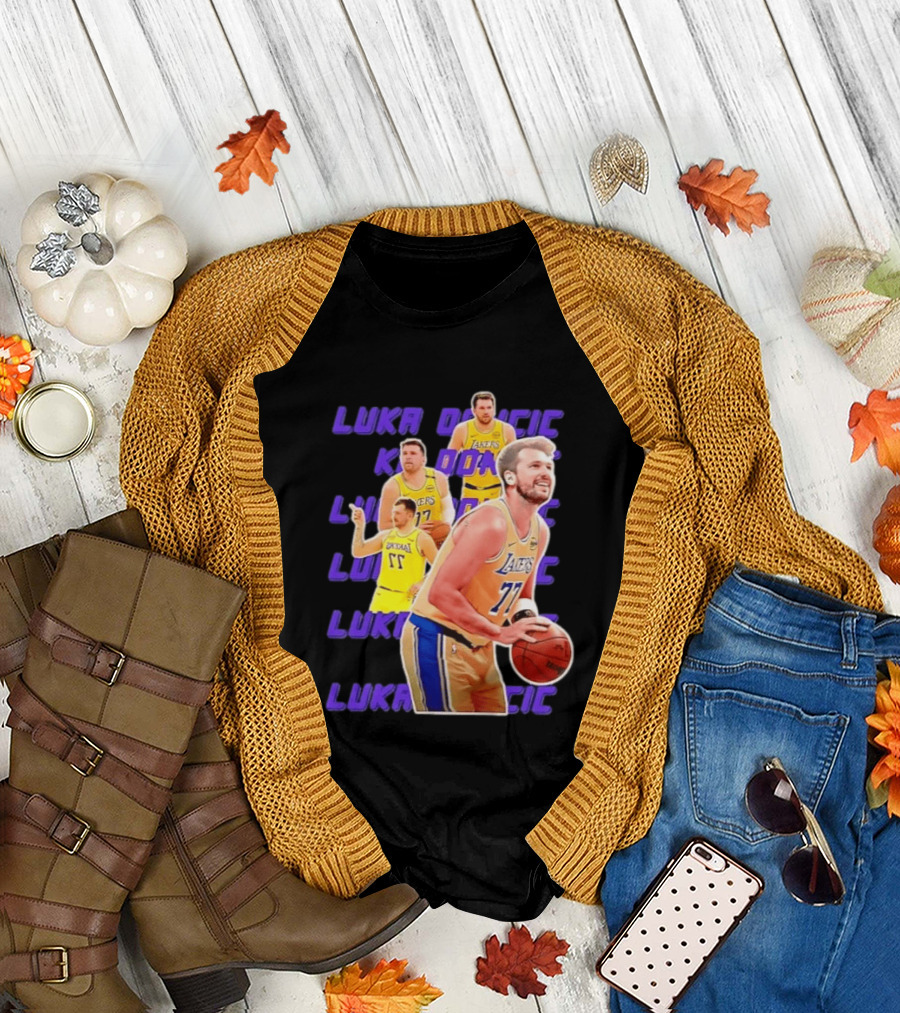 Luka Doncic Lakers 77 Action Shot Multiple Pose Purple Basketball Display T-Shirt