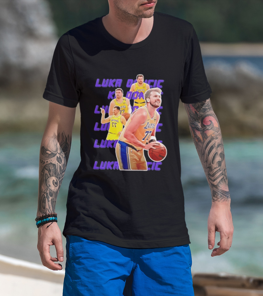 Luka Doncic Lakers 77 Action Shot Multiple Pose Purple Basketball Display T-Shirt
