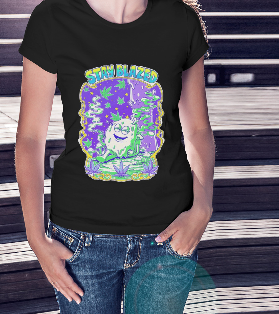 Stay Blazed Trippy Cannabis Character Psychedelic Art Leafs And Mushrooms T-Shirt
