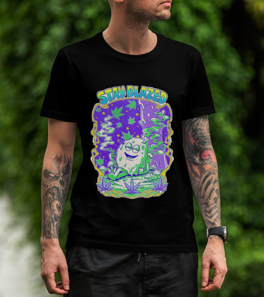 Stay Blazed Trippy Cannabis Character Psychedelic Art Leafs And Mushrooms T-Shirt