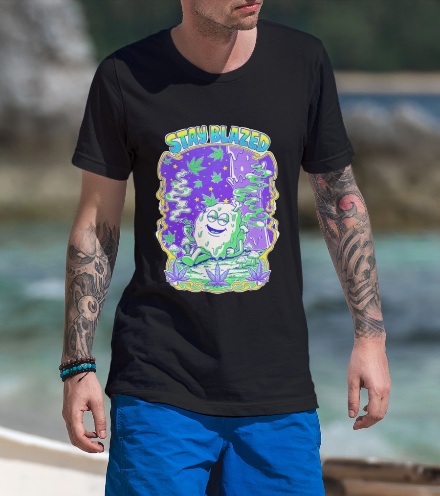 Stay Blazed Trippy Cannabis Character Psychedelic Art Leafs And Mushrooms T-Shirt