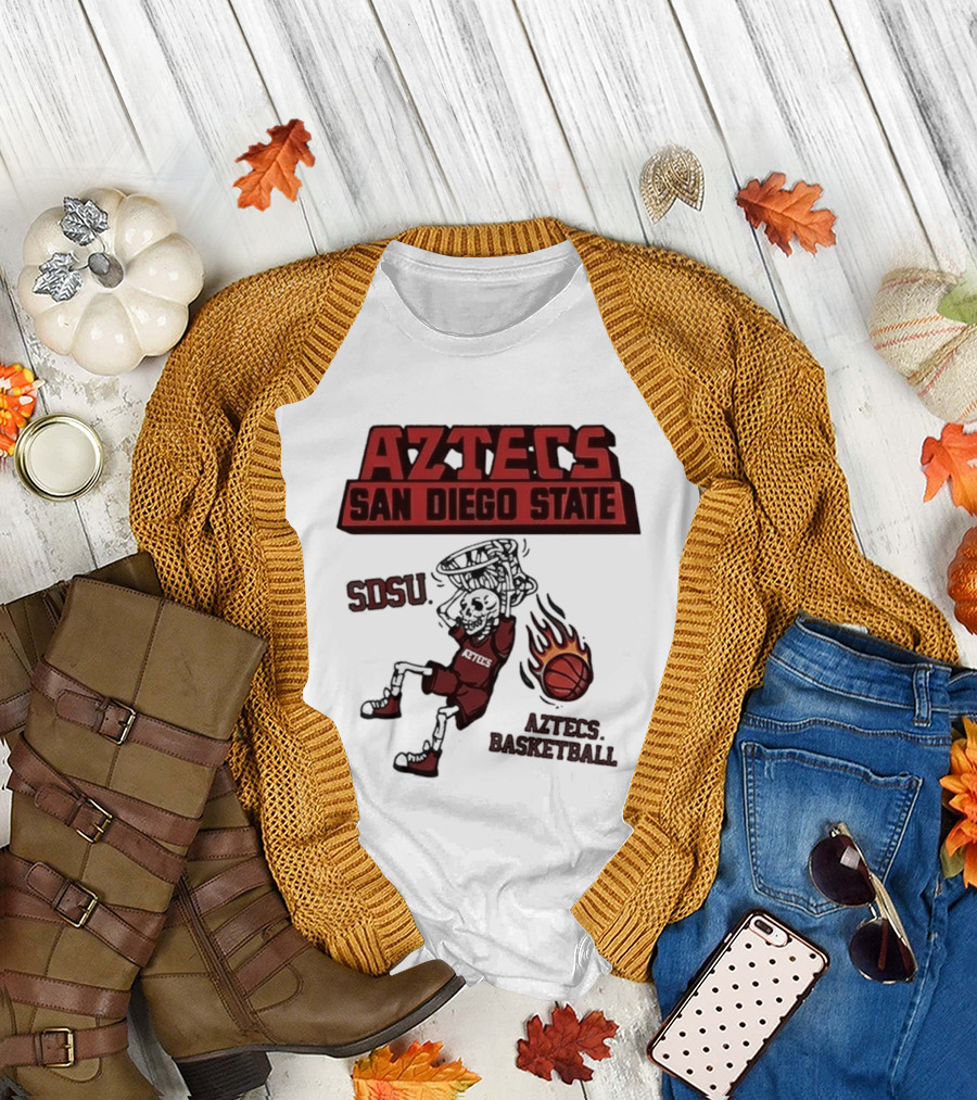 Aztecs San Diego State SDSU Skeleton Dunking Flaming Basketball T-Shirt