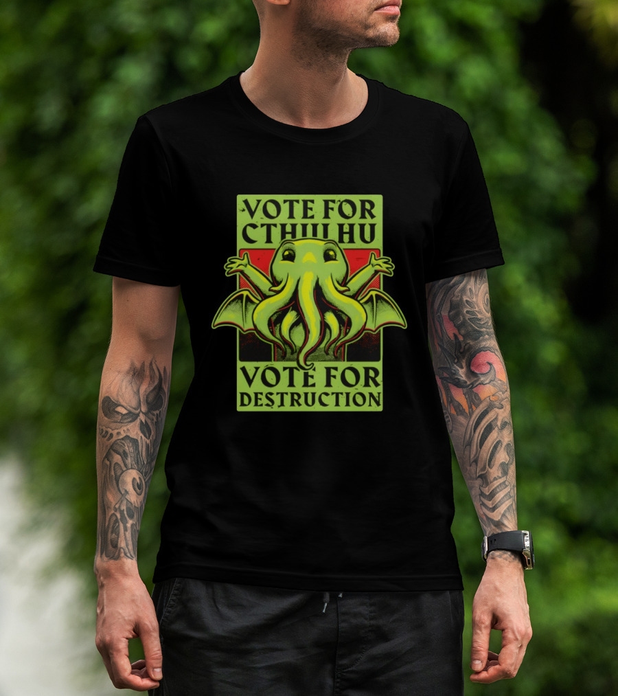 Vote For Cthulhu For Destruction Cartoon Alien Creature With Tentacles And Wings T-Shirt