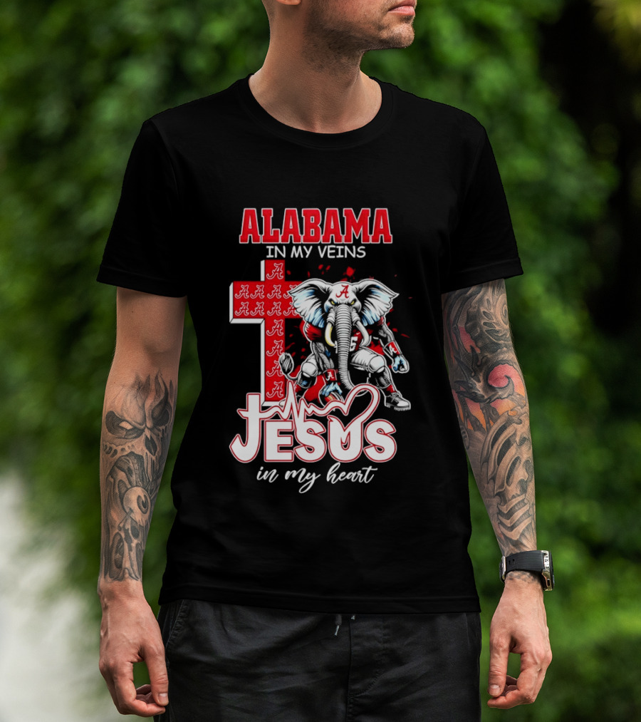 Alabama Crimson Tide In My Veins Jesus In My Heart Elephant Cross T-Shirt