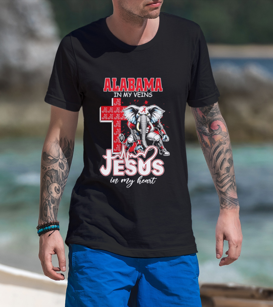 Alabama Crimson Tide In My Veins Jesus In My Heart Elephant Cross T-Shirt