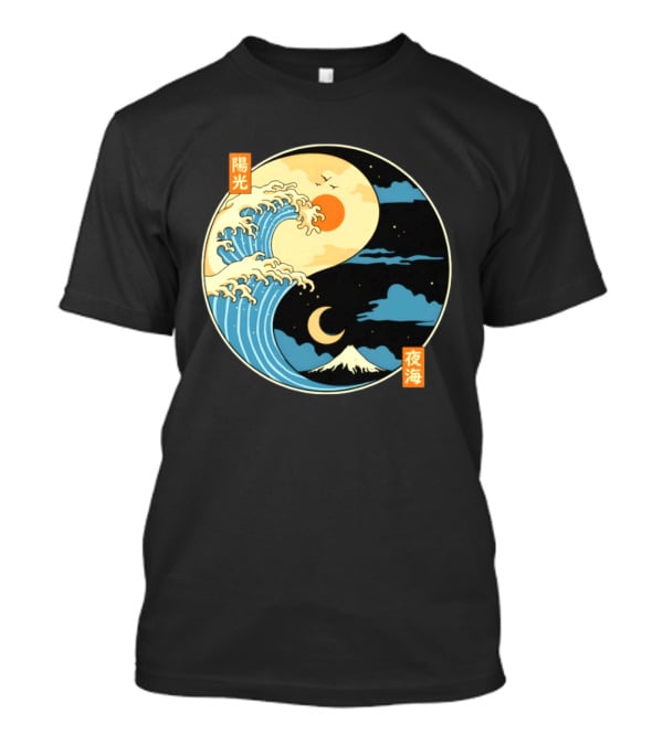 The Great Wave Off Kanagawa And Mount Fuji Yin Yang Sun And Moon Balance T-Shirt