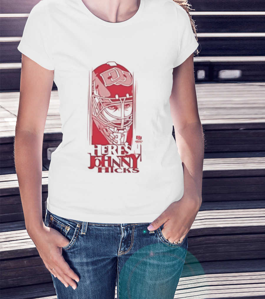 Here's Johnny Hicks Denver Pioneers Men's Ice Hockey Mask DJ T-Shirt