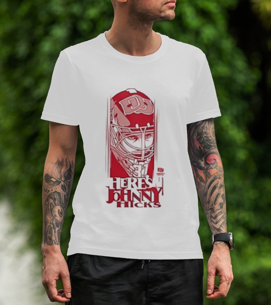 Here's Johnny Hicks Denver Pioneers Men's Ice Hockey Mask DJ T-Shirt