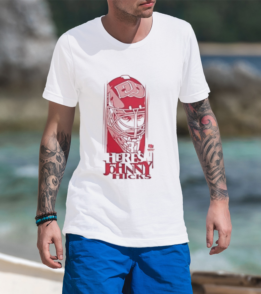 Here's Johnny Hicks Denver Pioneers Men's Ice Hockey Mask DJ T-Shirt