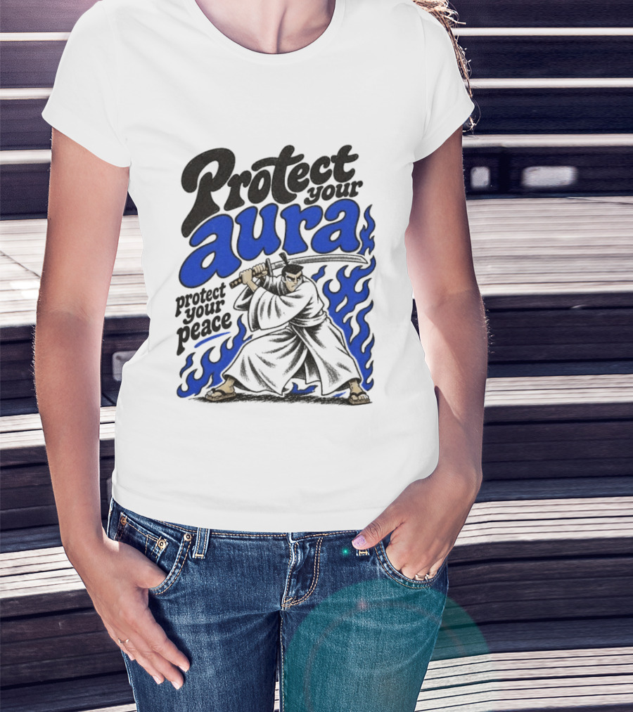 Protect Your Aura Samurai Protect Your Peace Blue Flames T-Shirt