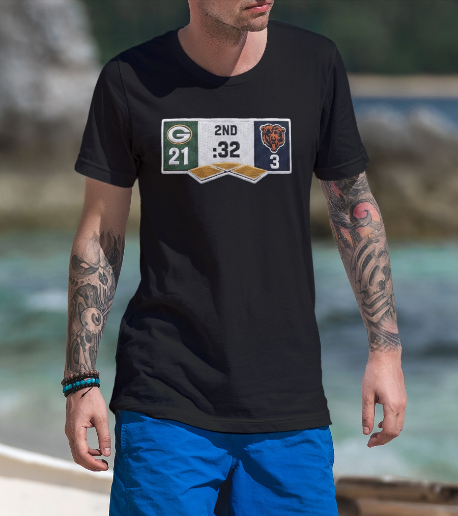 Packers 21 Bears 3 Second Quarter Scoreboard Patch T-Shirt