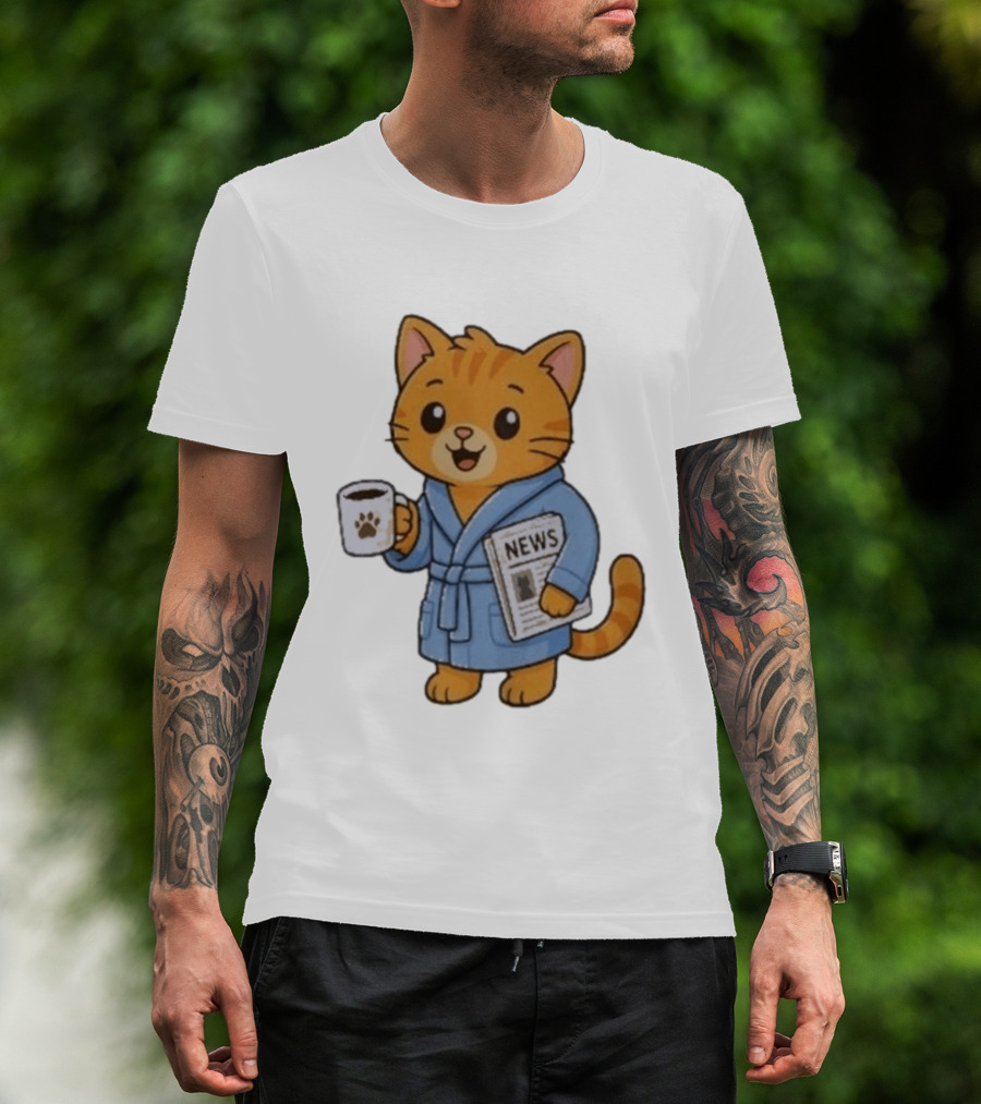 Cat In Bathrobe With Coffee And Newspaper T-Shirt