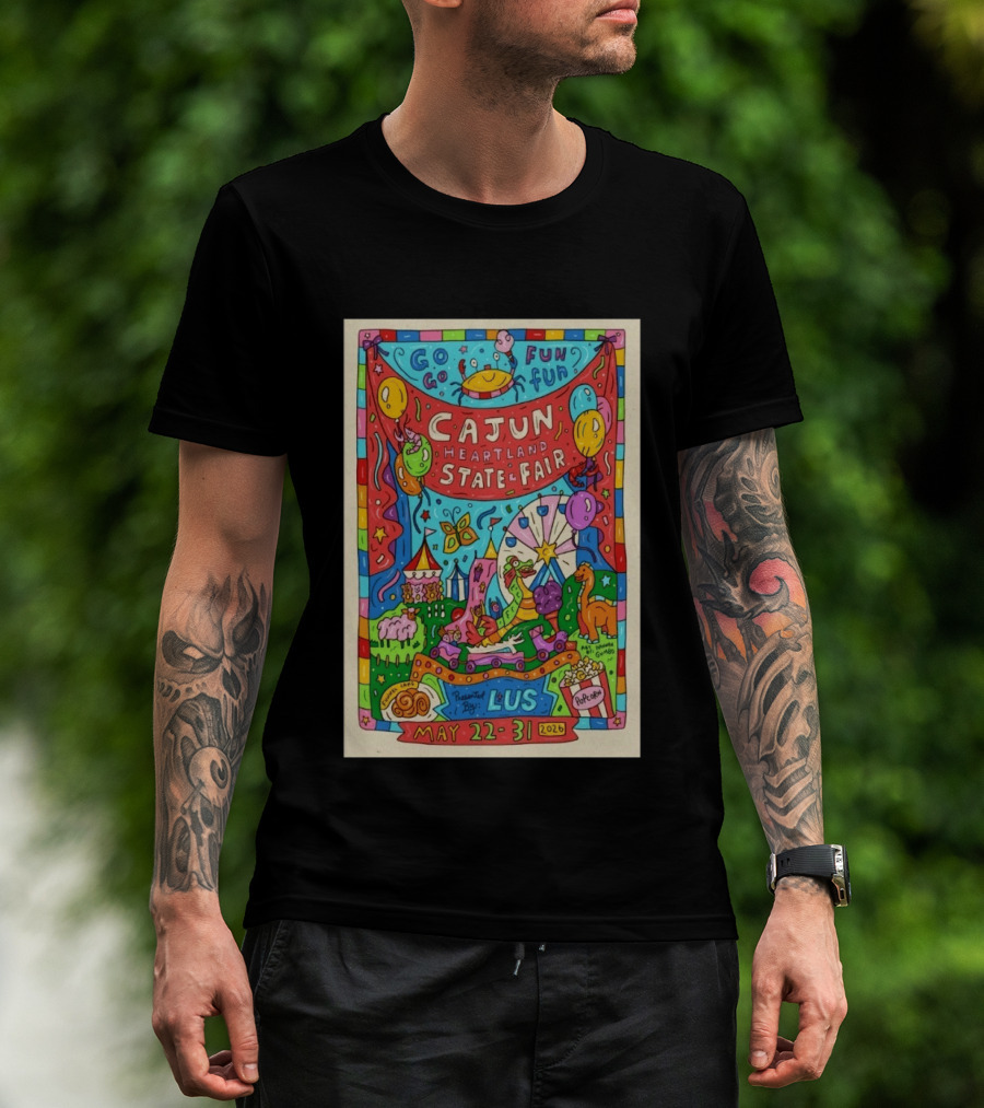 Cajun Heartland State Fair 2026 Go Go Fun May 22 31 LUS Popcorn Dinosaur T-Shirt