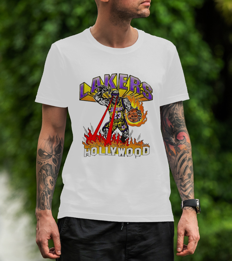 Rare Warren Lotas Los Angeles Lakers Hollywood Basketball Player Flames Laser Eyes 23 Team T-Shirt