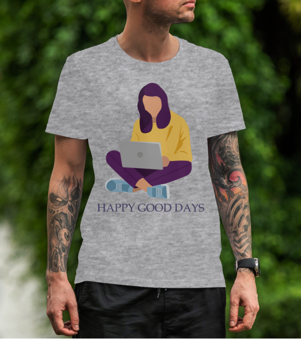 HAPPY GOOD DAYS Laptop Sitting Woman T-Shirt
