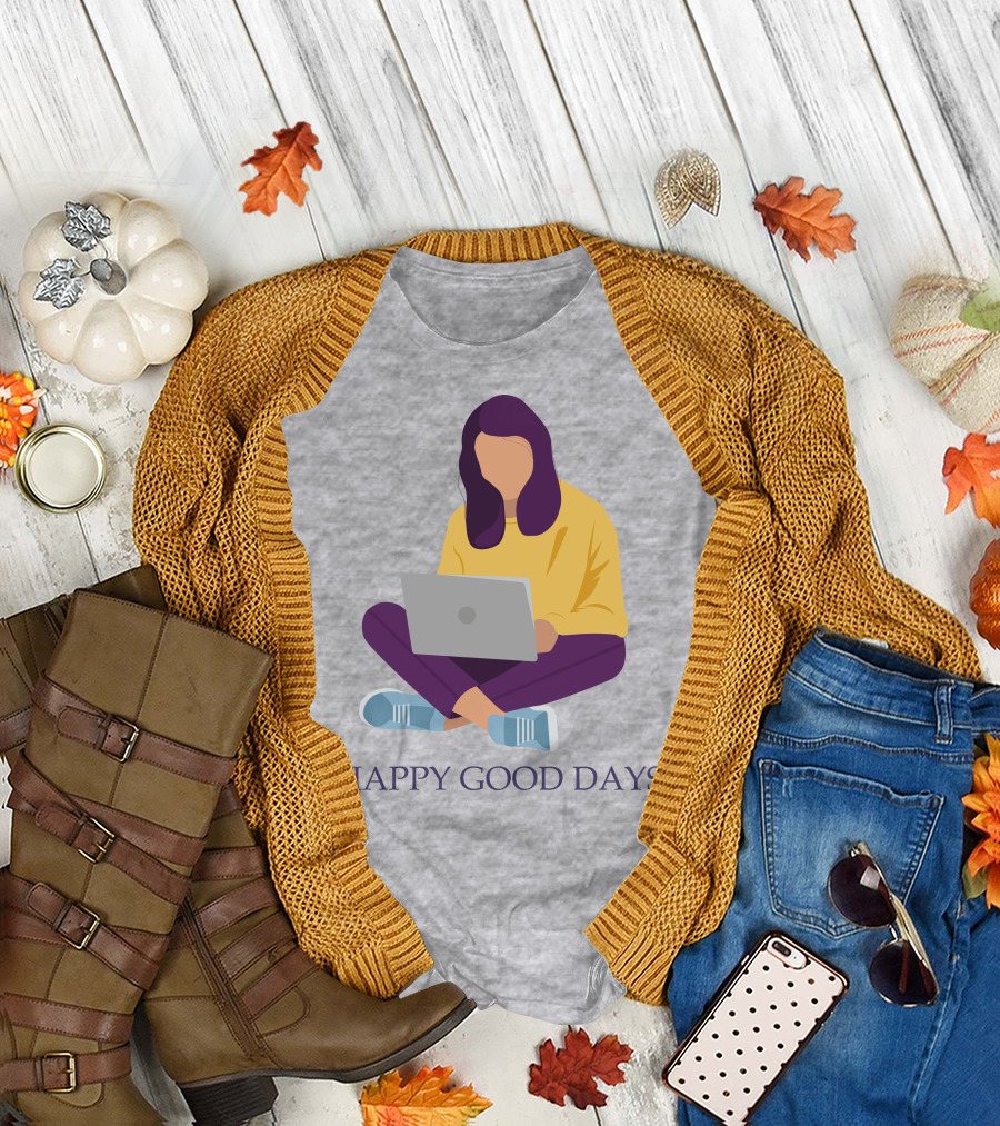HAPPY GOOD DAYS Laptop Sitting Woman T-Shirt