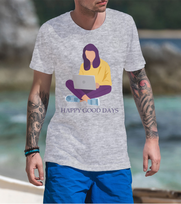 HAPPY GOOD DAYS Laptop Sitting Woman T-Shirt