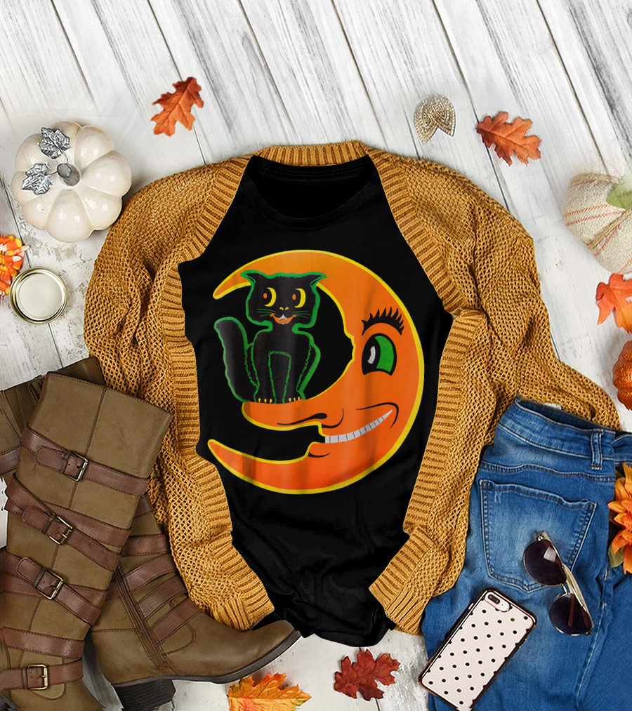 Funny Halloween Cat on Smiling Moon T-Shirt