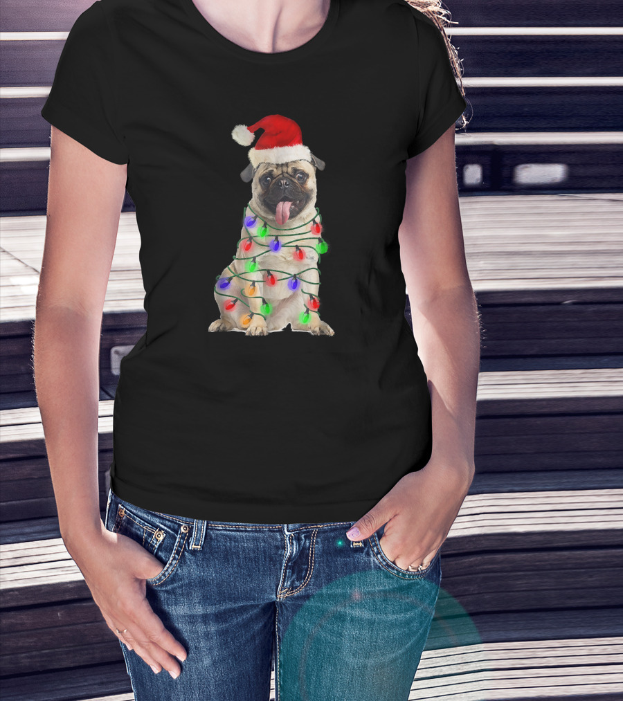 Christmas Pug Wrapped In Festive Lights Wearing Santa Hat T-Shirt