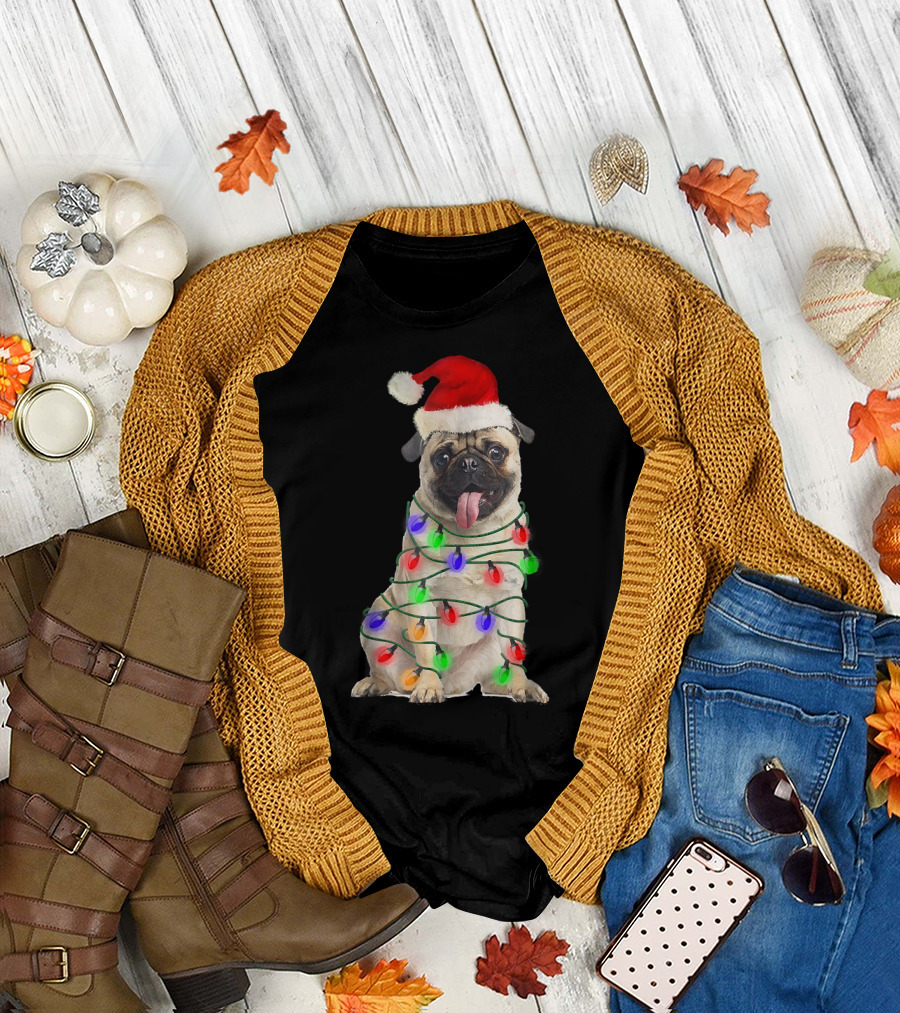 Christmas Pug Wrapped in Festive Lights Wearing Santa Hat T-Shirt