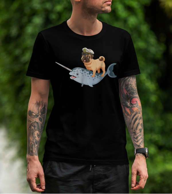 Captain Pug On Narwhal Funny Pug Adventure T-Shirt