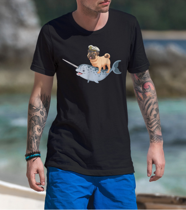 Captain Pug On Narwhal Funny Pug Adventure T-Shirt