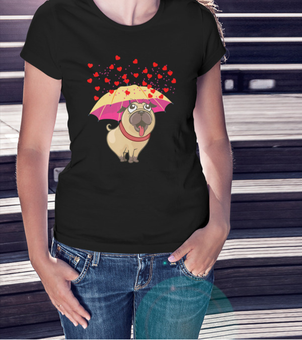 Cute Pug Dog Under Heart Umbrella Valentines Day Pug Lover T-Shirt